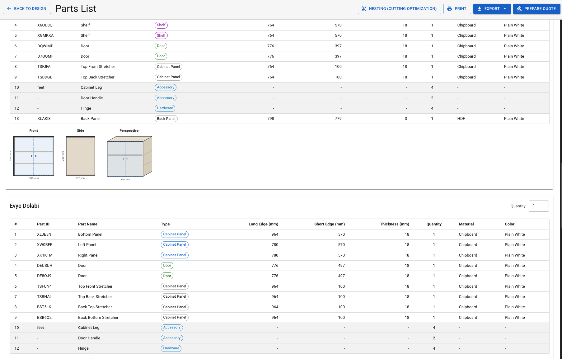 Parts list screenshot